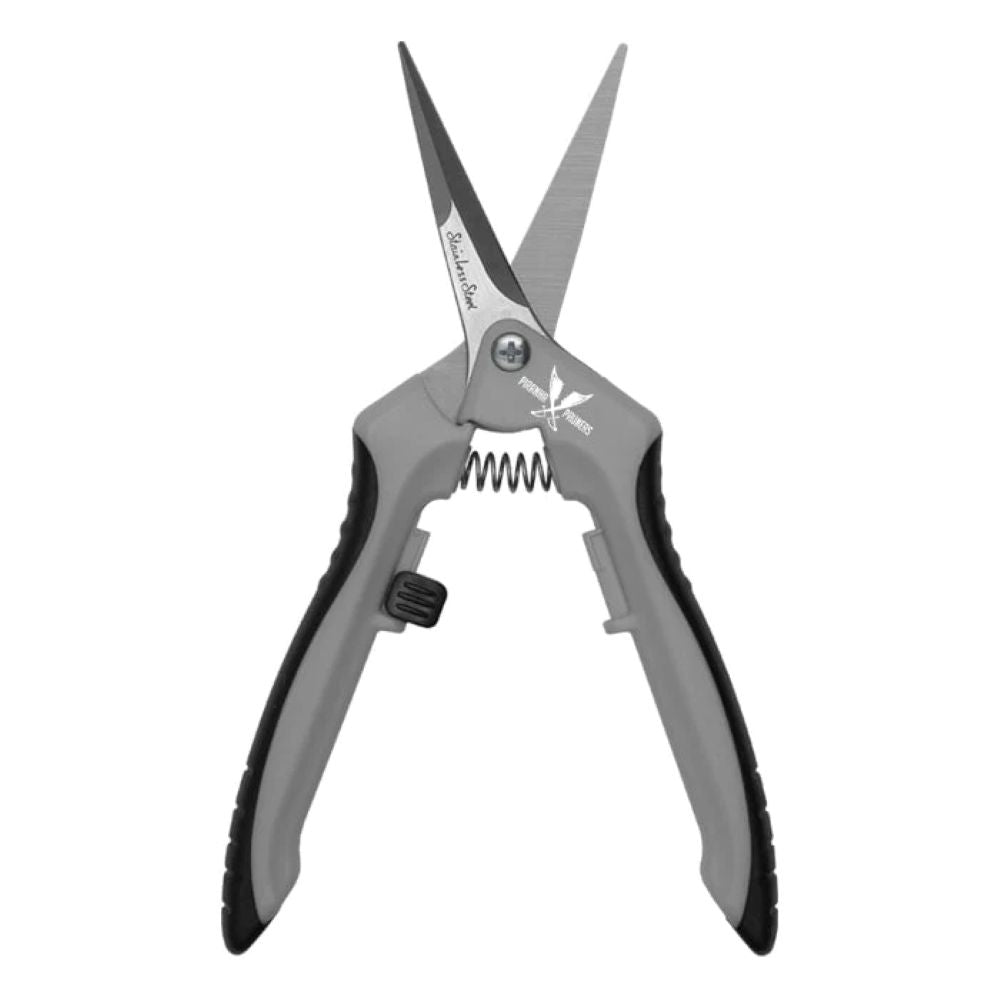 Gray and black pruning shears with stainless steel blades and a coil spring.
