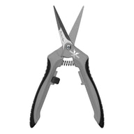 Gray and black pruning shears with stainless steel blades and a coil spring.