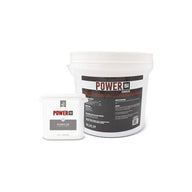 White buckets of Power Si Granular fertilizer, one large and one small, with product labels.