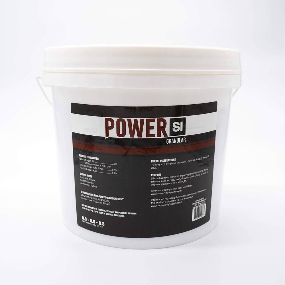 Power Si Granular fertilizer bucket with "Guaranteed Analysis" and "Mixing Instructions."