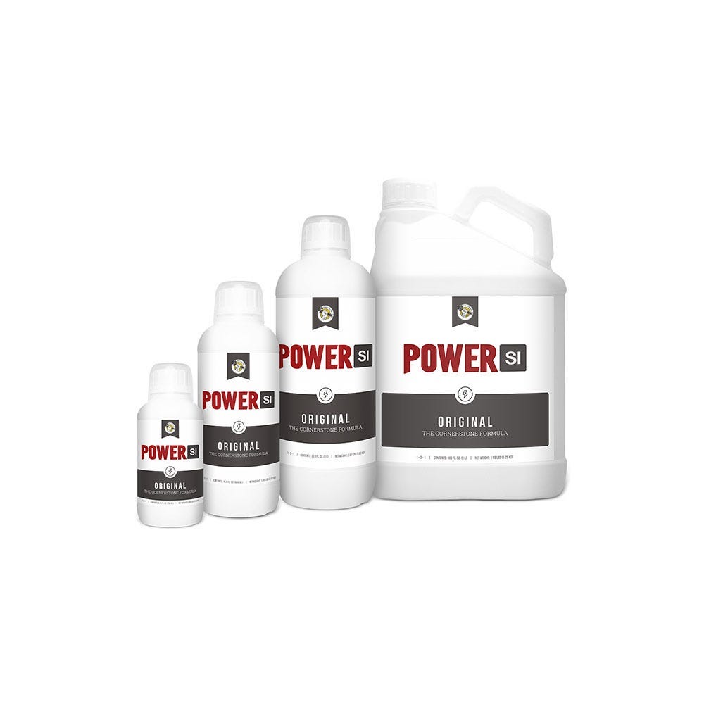 Four bottles of Power Si Original formula, ranging in size, stand on a white background.