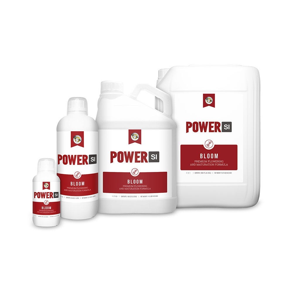 Power SI Bloom fertilizer bottles in various sizes.