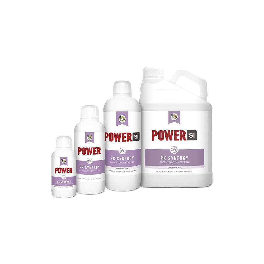 Power SI & Power PK Synergy bottles: various sizes, white with purple labels, featuring brand logo and product info.