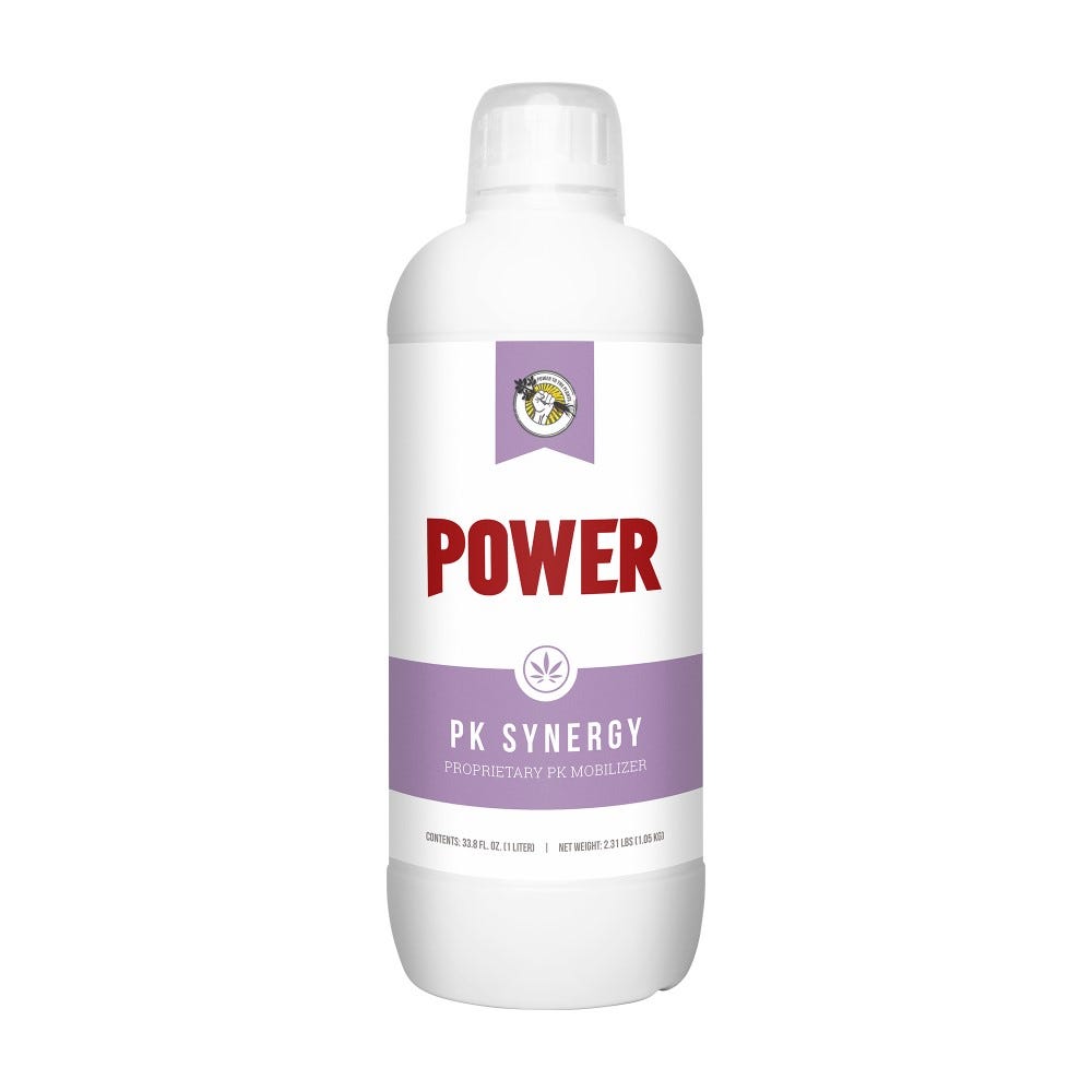 White bottle of "POWER PK SYNERGY" fertilizer, 33.8 fl oz.