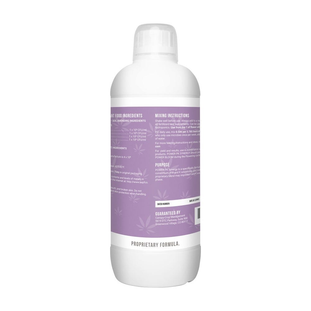 Bottle of "Power PK Synergy" nutrient supplement, detailing ingredients and mixing instructions.