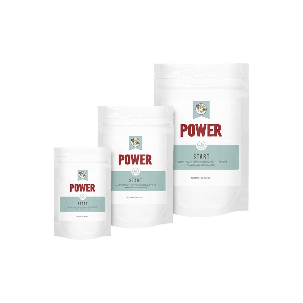 White packaging for "POWER START" root growth support with varying sizes, showing red "POWER" text and teal label.