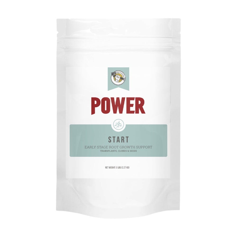 White pouch with "POWER START" in large red and green text, for early stage root growth support.