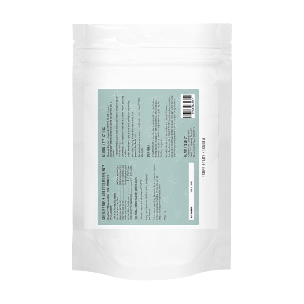 Powder bag with "Power Start" label, listing ingredients and mixing instructions.
