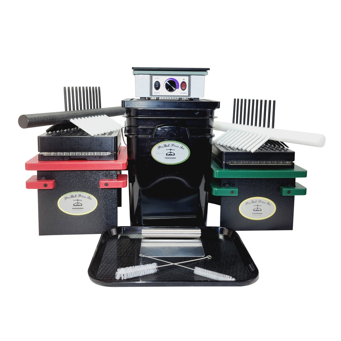 Pre-roll filling machine setup with multiple compactors, filling tubes, brushes, and a tray.
