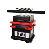 Laboratory device for filling and folding cigarette tubes, with a black rack and white tubes.