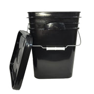 Black square bucket with lid ajar, wire handle.