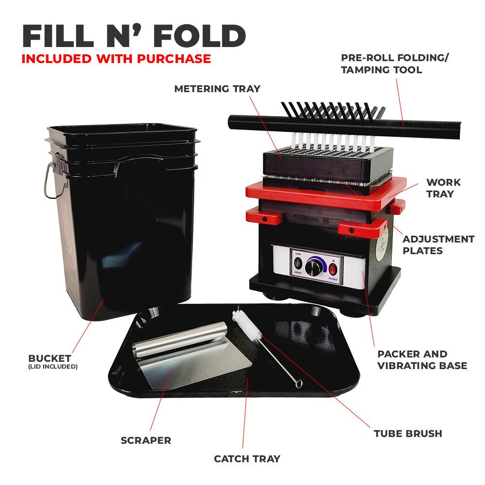 Fill 'N' Fold pre-roll machine kit with bucket, packer, and accessories.