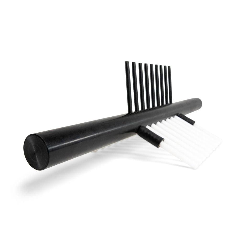 A black roller brush with black and white bristles on a white background.