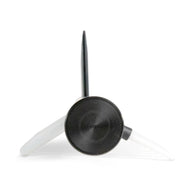 Black circular device with three white legs and a black vertical rod, white background