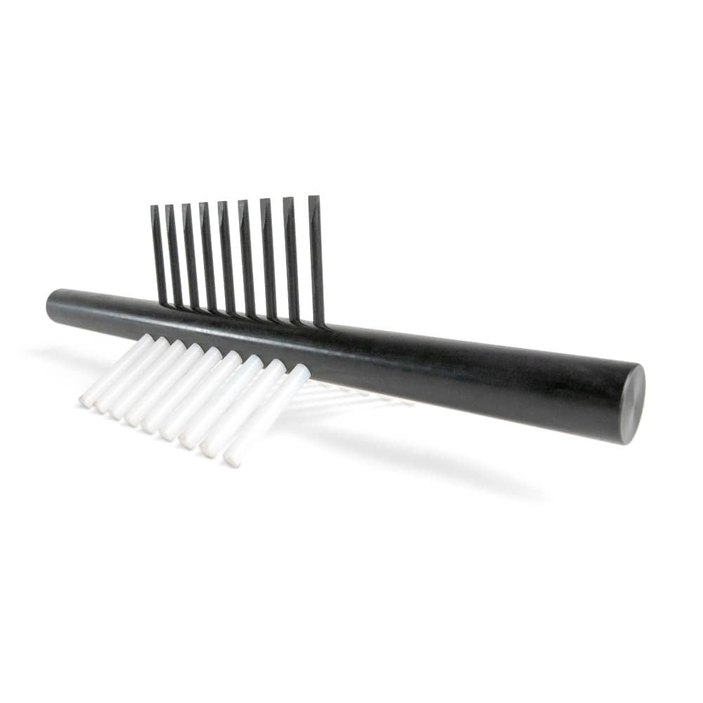 Black prepress roller with black tines and white filling tubes on a white background.