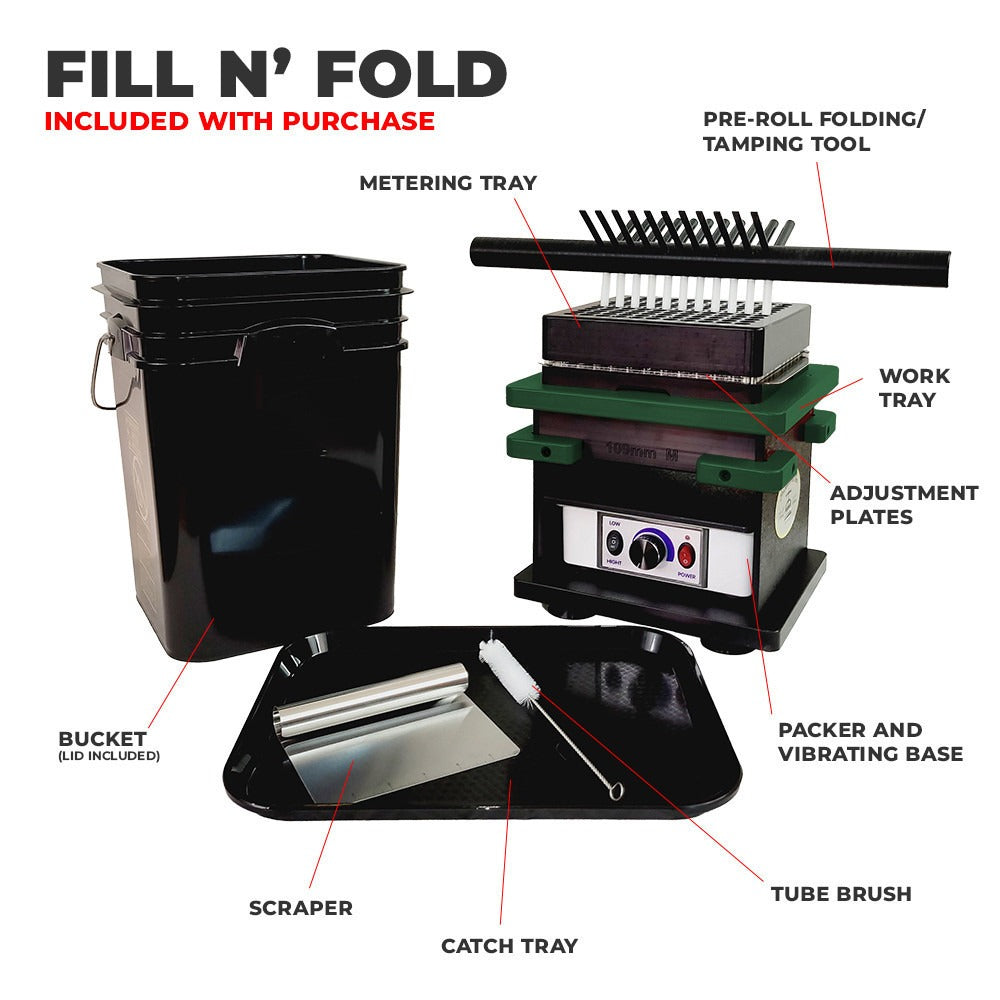 Fill 'n' Fold pre-roll machine with bucket, trays, scraper, brush, and tamping tool.