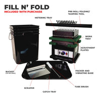 Fill 'n' Fold pre-roll machine with bucket, trays, scraper, brush, and tamping tool.