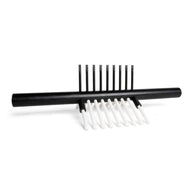 Black bar with multiple white rods extending downwards, and black tines extending upwards.