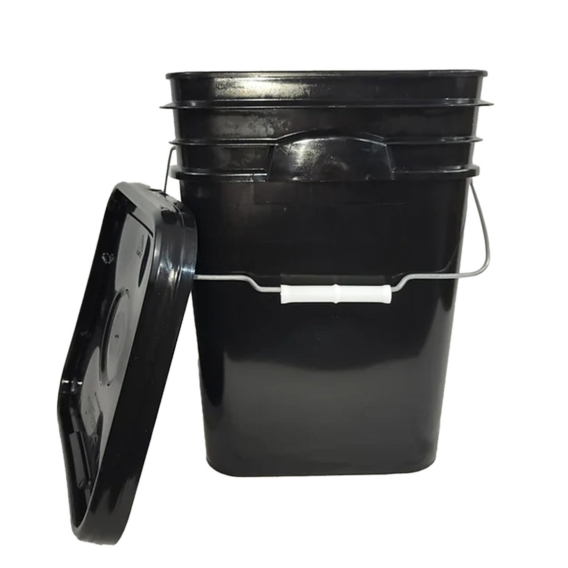 Black plastic bucket with lid open, showing its square shape and metal handle with white grip.