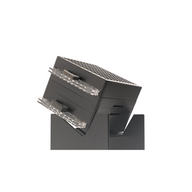 Black cone loading tool with clear clips and a honeycomb-textured top, angled on a dark gray stand.