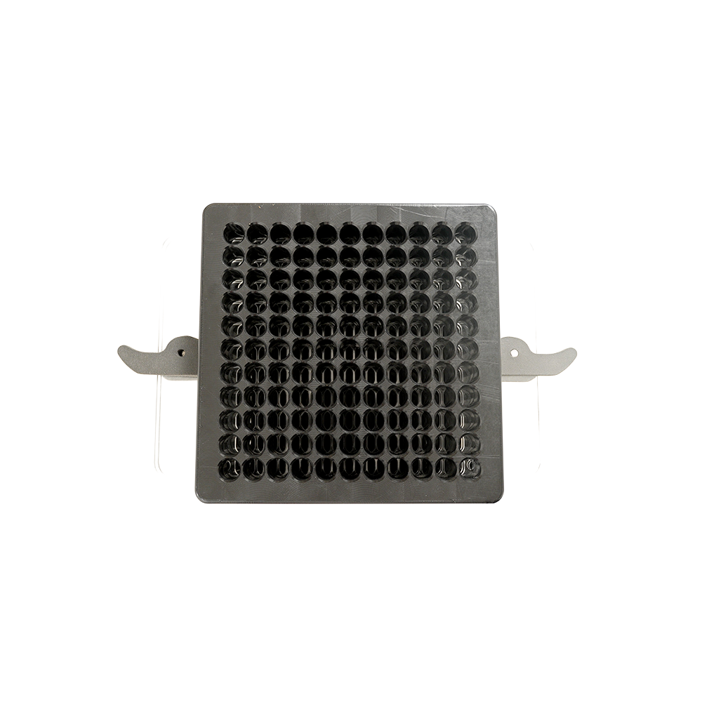 Square cone loading tool with 100 circular indentations and two side tabs.