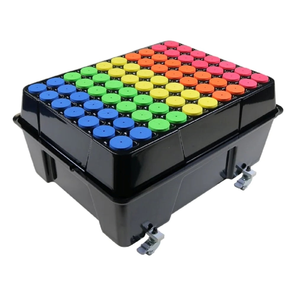A black aeroponic cloner with rows of colorful net pots: blue, green, yellow, orange, and pink.