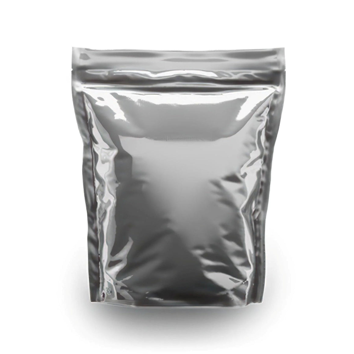 Silver, resealable pouch for food storage.