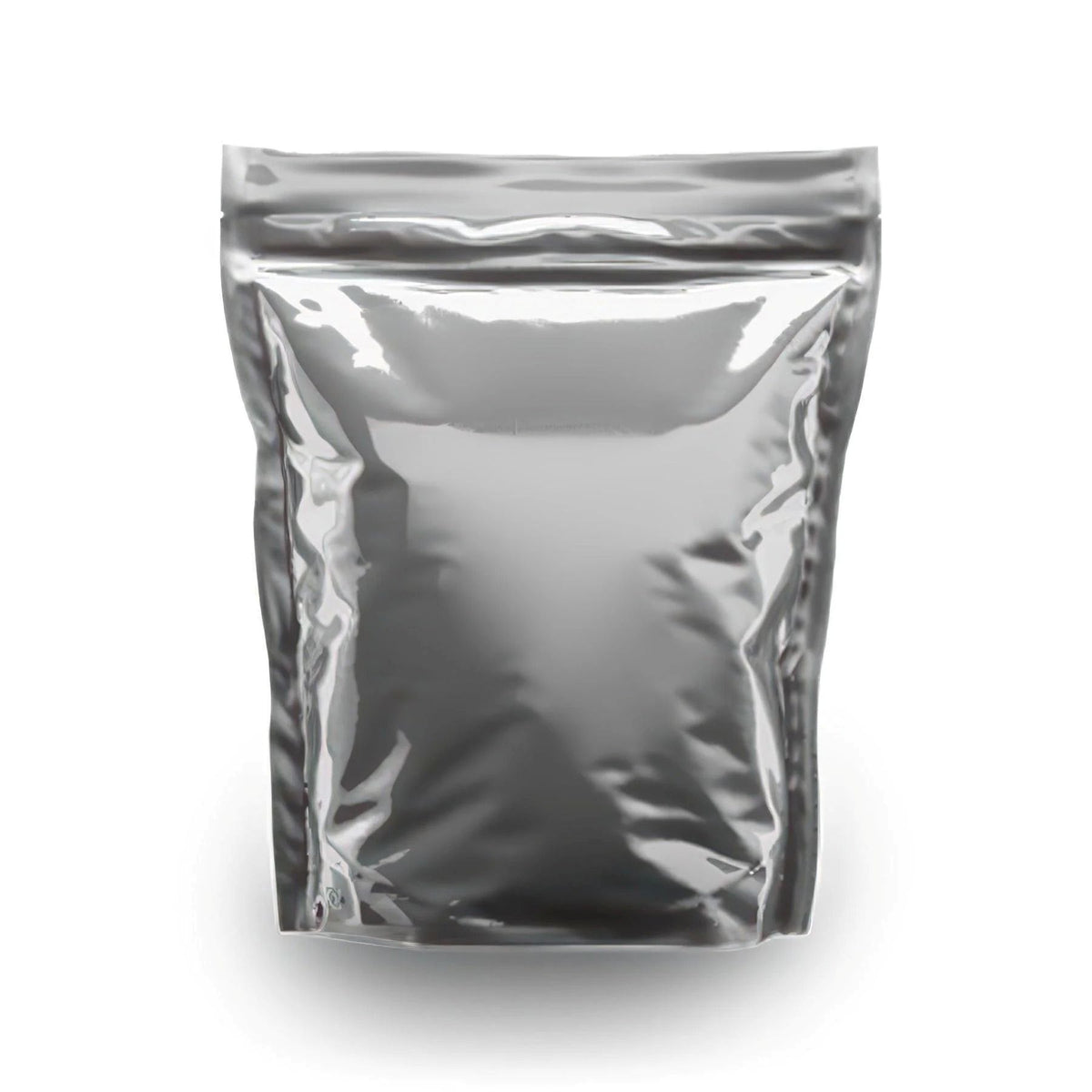Silver, resealable pouch for food storage.