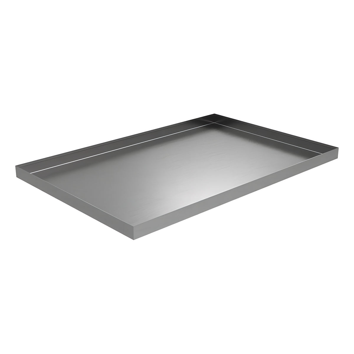 Aluminum vacuum oven tray with brushed metal finish and raised edges.