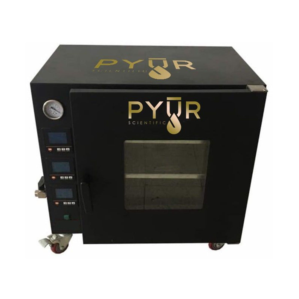 Black PYUR Scientific vacuum oven with digital displays and a pressure gauge.