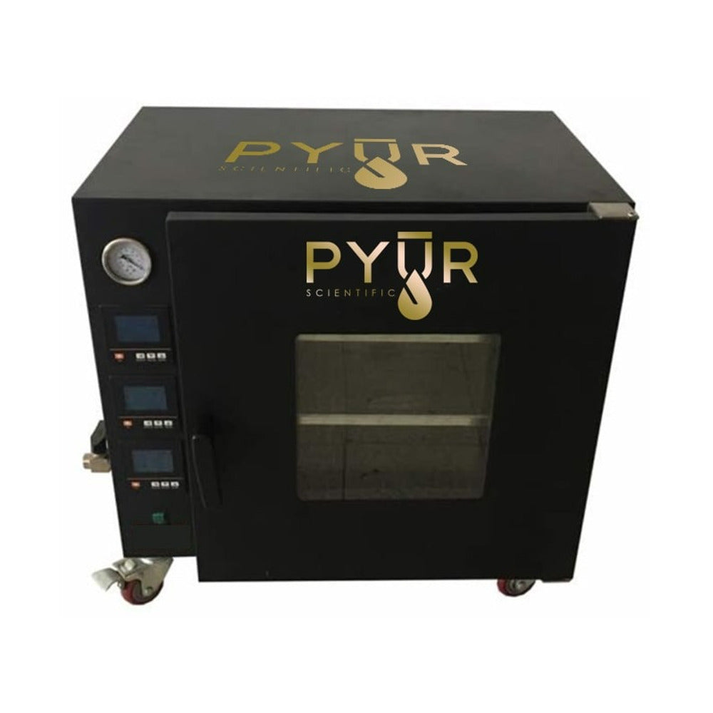 Black Pyur Scientific vacuum oven with digital displays, pressure gauge, and clear window.