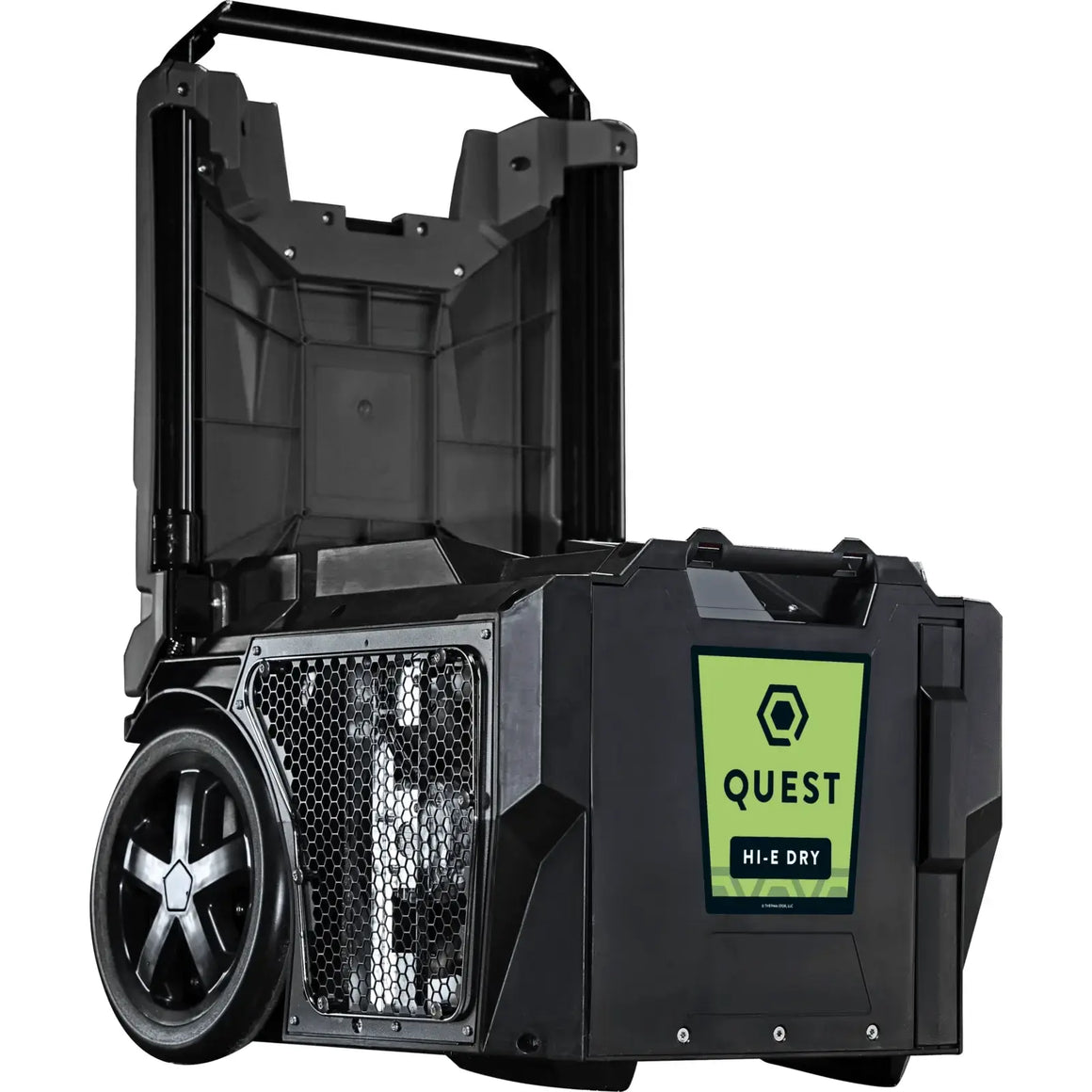 Black Quest Hi-E DRY portable dehumidifier with open top, wheels, and honeycomb grille on white background.