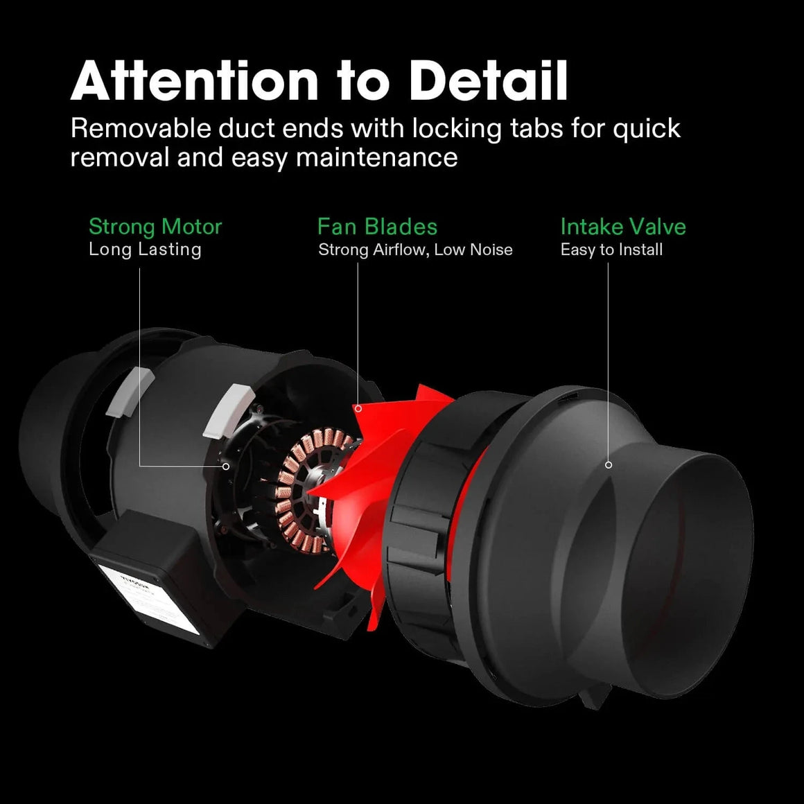 Exploded view of black inline duct fan, highlighting internal motor, red fan blades, and removable ends.