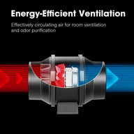 Energy-efficient black inline duct fan with red air inflow, blue air outflow for room ventilation & odor purification.