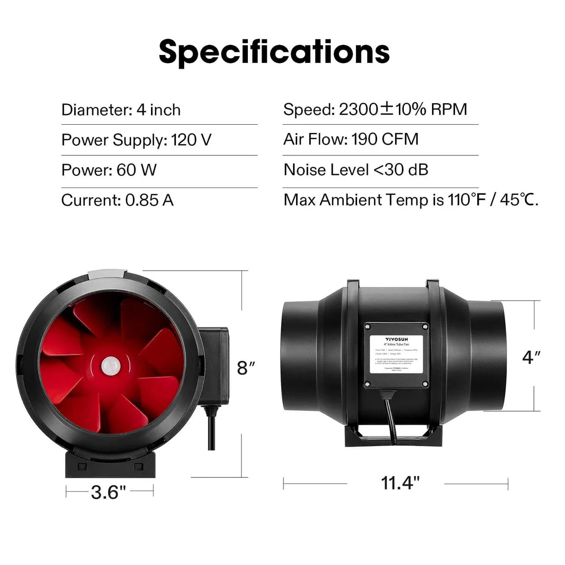Black 4-inch inline fan with red blades, VIVOSUN brand, showing power, speed, airflow, noise specs & dimensions.