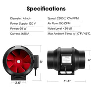 Black 4-inch inline fan with red blades, VIVOSUN brand, showing power, speed, airflow, noise specs & dimensions.