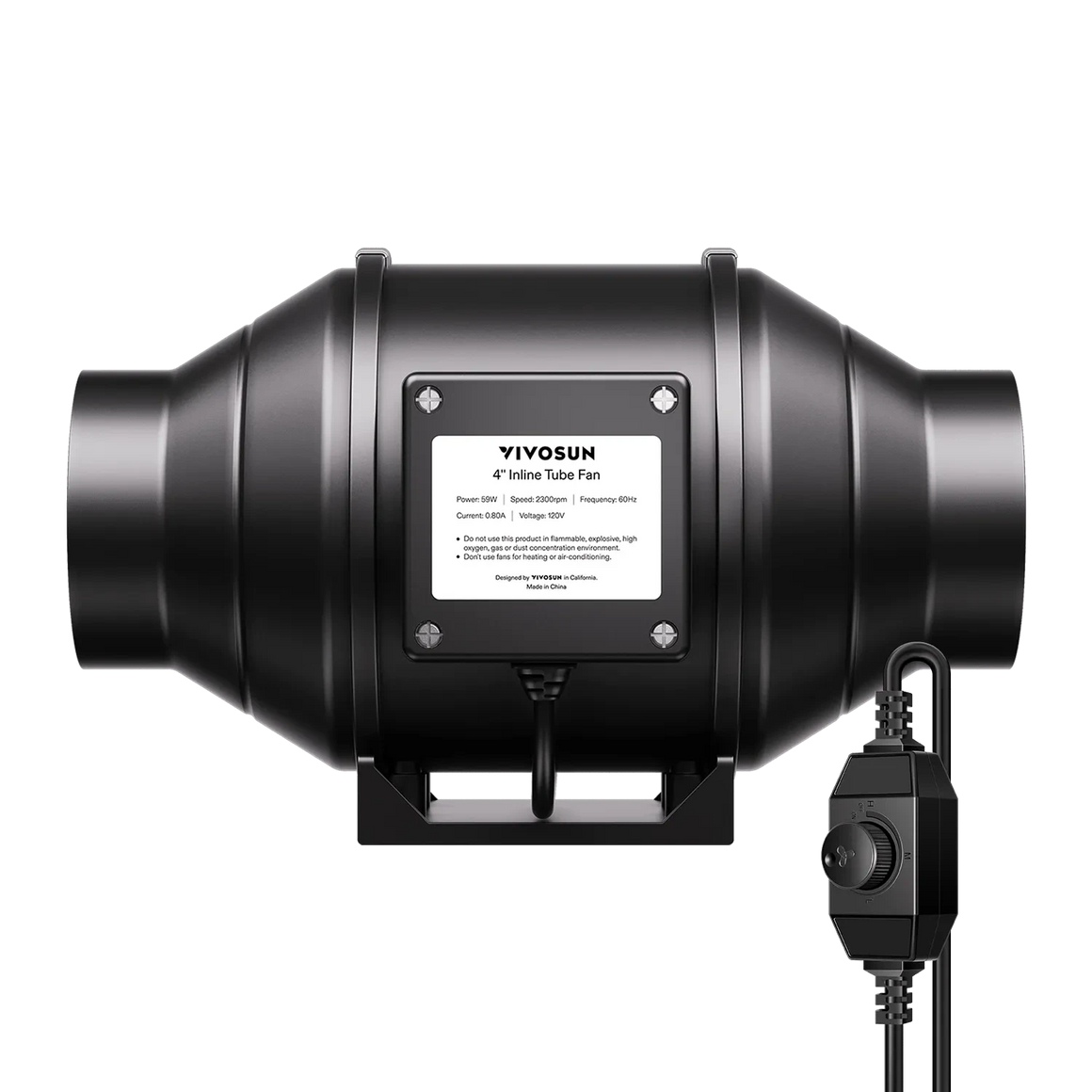 Black YIYOSUN 4" inline tube duct fan with specifications label and variable speed controller, ideal for grow tents.