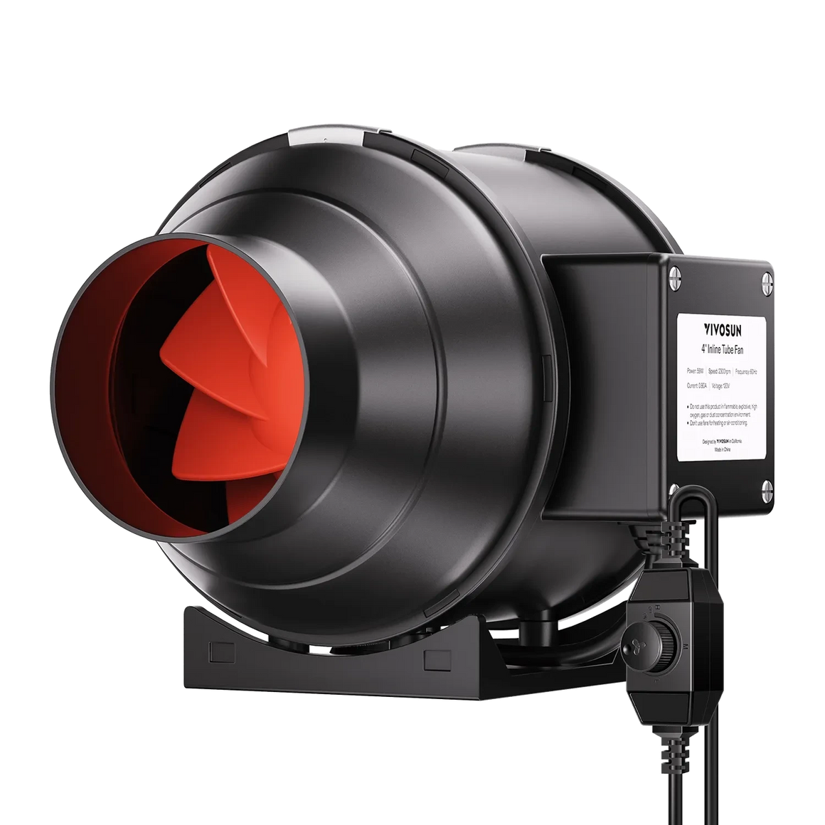 Black YIYOSUN 4-inch inline duct fan with red impeller, variable speed controller for grow tent ventilation.