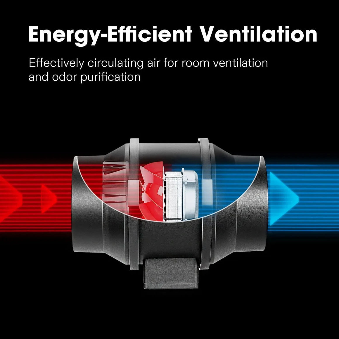 Cutaway view of a black R8 inline duct fan with red intake air and blue exhaust, demonstrating energy-efficient ventilation.