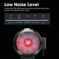 Black inline fan with red glowing blades at 38 dB, displayed with a comparative noise level chart.
