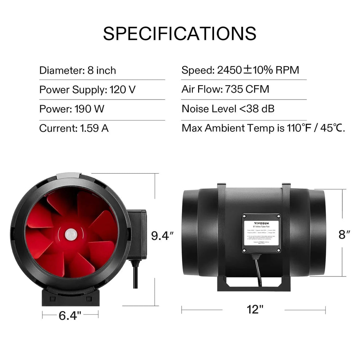 Black YIVOSUN 8-inch inline fan with red blades for grow tents, displaying specifications and dimensions.