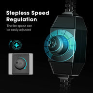 Black fan speed controller with stepless regulation rotary knob, showing OFF-H-M-L settings and blue adjustment glow.