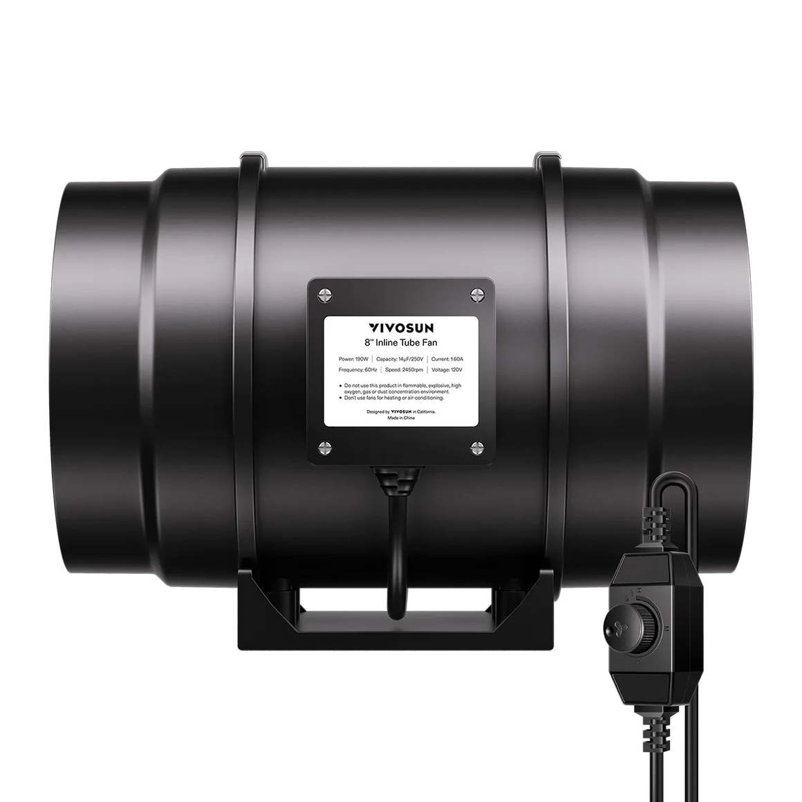Black VIVOSUN 8-inch inline tube fan with variable speed controller. Perfect for grow tent ventilation.