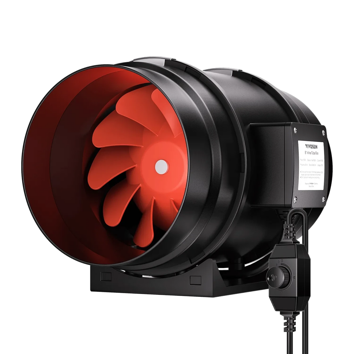Black VIVOSUN 8-inch inline duct fan with bright orange impeller and variable speed controller on a black background.