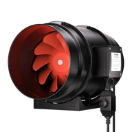 Black VIVOSUN 8-inch inline duct fan with bright orange impeller and variable speed controller on a black background.