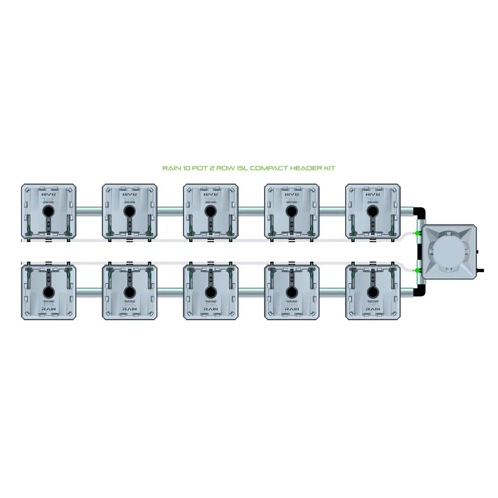 RAIN 10 Pot 2 Row 15L Compact Header Kit: overhead diagram of 10 grey pots arranged in two rows, connected to a reservoir.