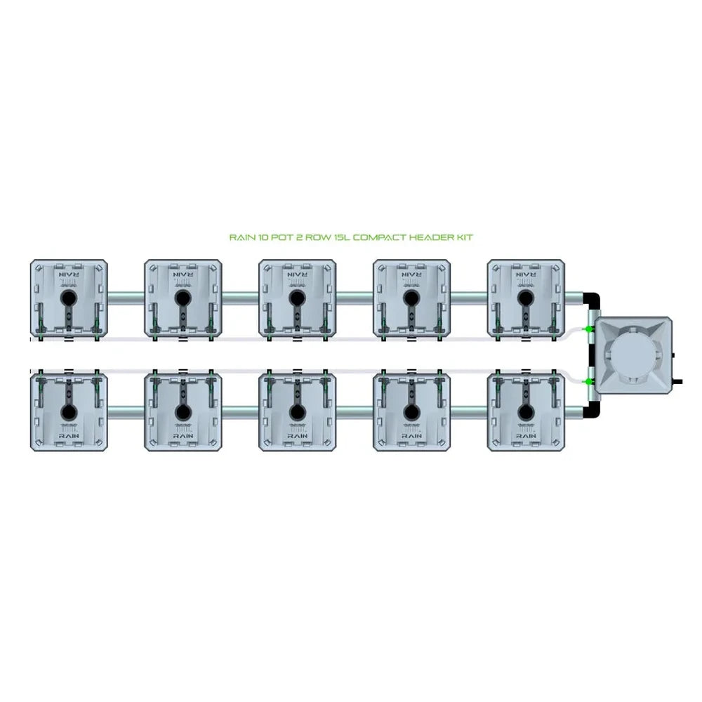RAIN 10 Pot 2 Row 15L Compact Header Kit: overhead diagram of 10 grey pots arranged in two rows, connected to a reservoir.