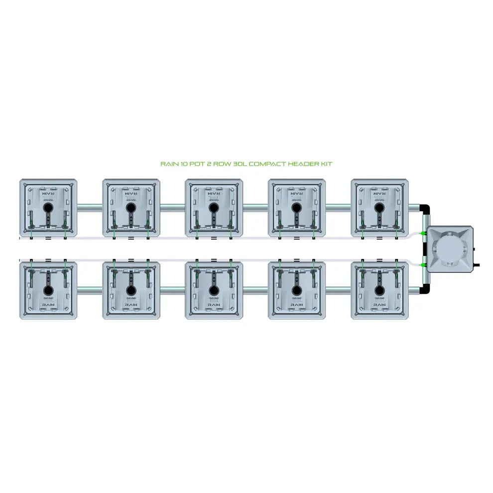 RAIN 10 Pot 2 Row 30L Compact Header Kit: hydroponic system with ten grey modules in two rows, connected to a central unit.