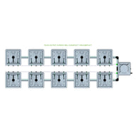 RAIN 10 Pot 2 Row 30L Compact Header Kit: hydroponic system with ten grey modules in two rows, connected to a central unit.