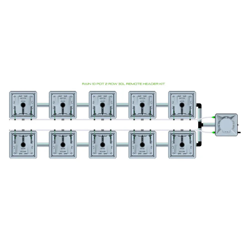 RAIN 10 Pot 2 Row 30L Remote Header Kit. Grey irrigation system with 10 square modules, 2 rows, central unit.
